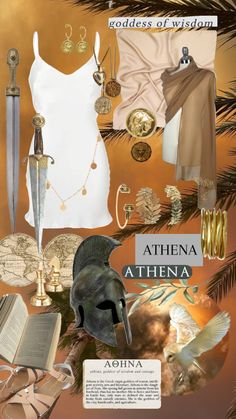 a collage of items from the goddess of victory, athena and other ancient greek mythology