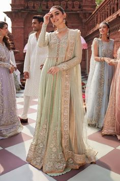 Elegant Mint Green Embroidered Pakistani Wedding Wear Pishwas Frock is a harmonious fusion of hand-embellished and embroidered work details on chiffon pishwas. Golden Lace, Pakistani Wedding Dress, Chiffon Collection, Pakistani Wedding Dresses, Silk Trousers, Pakistani Wedding, Chiffon Shirt, Best Wear, Embellished Dress