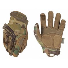 a pair of gloves with camouflage print on the front and back of each glove is shown