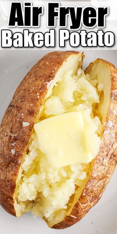 an air fryer baked potato on a white plate