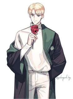 an anime character holding a rose in his right hand and looking at the camera while wearing white pants