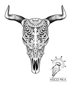 a bull skull with intricate designs on it's face and the word hubo pika