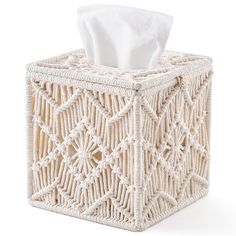 PRICES MAY VARY. Cotton Unique & Stylish Tissue Holder: Different from other tissue box holder, this macrame tissue cover has a unique design. Square box with exquisite hand-knitted pattern cover makes this tissue holder stand out. It will take your eyes at your first glance. Functional & Home Decor: This facial tissue cover has a little loop button as the closure, it's convenient for you to add or remove tissues and no worry to pull up the entire tissue box. Stylish look of this decorative tiss Facial Tissue Holders, Facial Tissue Box, Stile Boho Chic, Countertop Decor, Tissue Cover, Boho Fabric, Tissue Box Holder, Macrame Decor, Tissue Box Cover