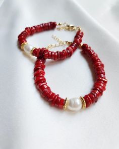 Aegean Coral: This beautiful bracelet is made from natural Red Coral and a Baroque Pearl and closed with a 24K gold plated brass clasp. This necklace is 17.5 cm in length plus 4 cm extension chain. The length can be adjusted as per your instruction. The price is for a single bracelet. Elegant Red Coral Beaded Bracelets For Gift, Elegant Red Coral Beaded Bracelet Gift, Elegant Red Beaded Bracelet With Natural Stones, Gold Red Coral Bracelets As Gift, Gold Red Coral Bracelets For Gifts, Gold Bracelets With Red Coral As Gift, Gold Red Coral Bracelet As A Gift, Gold Red Coral Bracelet For Gift, Red Natural Stones Bracelets For Gift