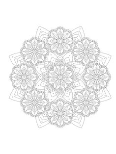 an intricate flower design in black and white, with the center surrounded by smaller flowers