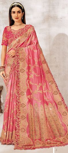 Pink and Majenta color Saree in Silk fabric with Embroidered, Resham, Sequence, Thread, Zari work Pink Semi-stitched Traditional Wear For Ceremony, Pink Silk Thread Saree For Wedding, Pink Traditional Wear With Resham Embroidery For Ceremony, Pink Traditional Wear With Pallu For Ceremony, Pink Saree With Zari Work For Ceremonies, Pink Silk Wedding Saree, Traditional Ceremony Wear With Cutdana, Traditional Drape Cutdana Wear For Ceremony, Anarkali Saree With Intricate Embroidery For Ceremony