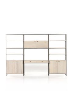 a white shelf with drawers and shelves on it