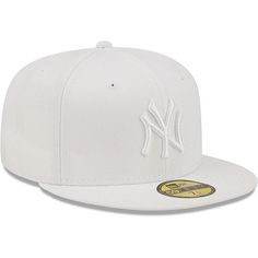 Officially Licensed MLB Men's New Era White on White 59FIFTY Fitted Hat - New York Yankees  This authentic Fanatics branded baseball hat is perfect for showcasing team spirit.  Flat bill design with ability to curve for a super trendy look and great addition to your sports apparel collection.         Six-panel construction with eyelets, Embroidered graphics with raised details     Structured fit- fitted, High Crown     Material: 100% Polyester     Brand: New Era      Care: Wipe clean with a damp cloth      Imported      Color: White Classic White Fitted Baseball Hat, Flat Cap For Baseball Season, Classic White Fitted Hat For Baseball Season, Classic Baseball Cap With Flat Brim, White Flat Bill Fitted Hat For Sports Events, Classic Flat Brim Baseball Cap, White Baseball Cap For Baseball Season, White Flat Bill Baseball Cap For Baseball Season, White Flat Brim Fitted Hat For Baseball Season