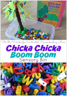 the words chicka chicka boom boom are shown in front of a plastic bin filled with