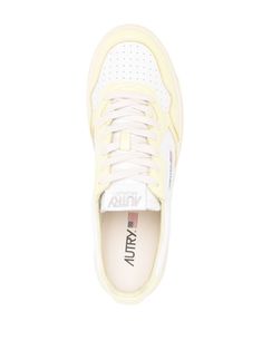 white/light yellow calf leather smooth grain panelled design round toe perforated toebox logo patch at the tongue embossed logo to the side contrasting branded heel counter branded insole padded ankle flat rubber sole front lace-up fastening This item is in size 44 and the color is Classic Yellow Sneakers With Round Toe, Classic Yellow Sneakers With Gum Sole, Classic Cream Sneakers With Perforations, Yellow Sneakers With Perforations And Round Toe, Yellow Leather Sneakers With Perforations, Yellow Sneakers With Perforated Toe Box, Shopping Online Logo, Ankle Flats, Embossed Logo