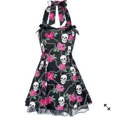 New Pinup Style Scull And Roses Dress. Black/White/Pink/Green. Ties Behind Your Neck. Zippers Up The Side. Tull Under Skirt. Size M. Rockabilly Halloween Party Dress, Black Rockabilly Dress For Spring, Rockabilly Black Dress For Spring, Fitted Rockabilly Dress For Halloween, Spring Pink Gothic Dress, Black Skull Print Dress For Party, Sleeveless Skull Print Party Dress, Pink Fitted Rockabilly Dress, Fitted Party Dress For Day Of The Dead