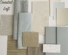 various colors of fabric and materials are arranged on a white surface with the words coastal loft above them