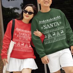 🎅 Santa & Santa's Favorite Embroidered-Look Sweatshirts (Couple's Set) 🎅 Celebrate the holidays in style with this fun and festive couple's sweatshirt set! These matching sweatshirts feature a charming faux-embroidered design--one reads "Santa" and the other "Santa's Favorite Ho Ho Ho", perfect for cozying up together this holiday season. Decorated with playful details like reindeer, Christmas trees, candy canes, and presents, these sweatshirts capture all the joy and cheer of the season. ✨ Pe Christmas Sweatshirts For Couples, Matching Sweaters For Couples Christmas, Christmas Long Sleeve Sweater With Letter Print, Christmas Sweater With Letter Print And Long Sleeves, Casual Christmas Hoodie With Crew Neck, Christmas Hoodie With Letter Print And Crew Neck, Red Christmas Sweatshirt With Letter Print, Christmas Sweater With Letter Print, Red Letter Print Christmas Sweatshirt