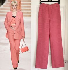 For sale are fabulous Chanel Pre-Fall 2020 Collection brand new with tags pink & hint of gold fantasy tweed pants in size 38 which is about US 6 All photos except runway photo are of the actual pants for sale Waist approx 27" around Inseam 35" Hips approx 38" around  Front rise 11.5" Back rise 16.5" Authenticy is 100% money back guaranteed so you can buy with confidence! International buyers are welcome but please note that all the import duties and taxes are buyers  responsibility and not inclu Luxury Wide Leg Pants For Spring, Elegant Pink Wide Leg Pants For Fall, Tweed Pants, Pre Fall, Pants Trousers, Pink Gold, Leg Pants, Pink And Gold, Wide Leg Pants