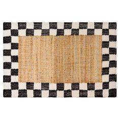 a black and white checkered rug with a tan border on the bottom, in front of a white background