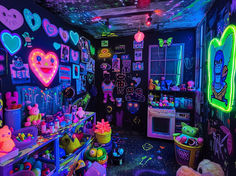 a room filled with neon lights and stuffed animals