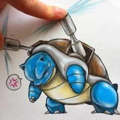 a drawing of a blue and yellow turtle holding a wrench in it's mouth