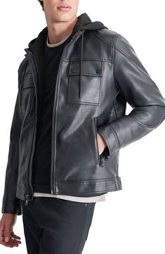 Add an edge to any outfit with this jacket crafted from faux leather with an optional hood. Two-way front-zip closure Band collar; removable hood Zip cuffs Chest snap-flap patch pockets; front zip pockets Lined, with 100% polyester fill 100% polyester with polyurethane coating Spot clean Imported Concert Looks, Tom Ford Sunglasses, Preppy Look, Fitted Suit, Kids Outerwear, Faux Leather Jacket, Sweaters And Leggings, Band Collar, Short Suit