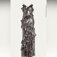 Metallic Silk Maxi Dress Great For Weddings. Never Worn , No Damages Glamorous Floral Print Maxi Dress For Wedding, Glamorous Floral Print Evening Dress For Party, Glamorous Floral Print Maxi Dress, Glamorous Floral Print Cocktail Maxi Dress, Glamorous Evening Dress With Ruffles For Holidays, Glamorous Holiday Evening Dress With Ruffles, Chic Metallic Silk Dress, Metallic Silk Dress For Gala, Metallic Silk Dresses For Gala