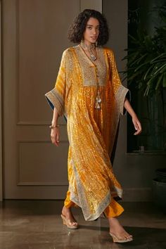 Shop for Kisneel by Pam Yellow Organza Hand Embroidered Kaftan Pant Set for Women Online at Aza Fashions Kaftan And Pants, Organza Kaftan, Printed Kaftan, Kaftan Designs, Couture Designers, Kurta Designs, Kaftan Dress, Indian Designer Wear, Designer Wear