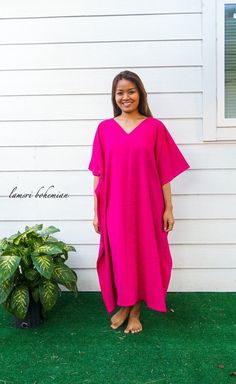 "Measurement and detail: 👉Fabric: 100% Cotton 👉Size: One Size Fits Most (S-4XL) Extremely comfy 👉Length of Dress: 47\" (120 cm.) 👉Width of Dress: 40\" (100 cm.) 👉Bust 60\"- 80\" 👉Great for taking a walk in nature or the beach, festivals, family get together, or just relaxing at your home. ------------------------------------------- 🌸Care Instruction: Machine Washable. We recommend you put them in a garment bag to protect the feel of the kaftan. -------------------------------------------- Oversized Short Sleeve Poncho, Oversized Short Sleeve Kaftan For Daywear, Oversized Short Sleeve Kaftan For Beach Cover-up, Oversized Short Sleeve Kaftan For Beach, Pink Short Sleeve Kaftan, Oversized Pink Kaftan For Vacation, Pink Oversized Kaftan For Vacation, Oversized Short Sleeve Kaftan For Loungewear, Winter Kaftan