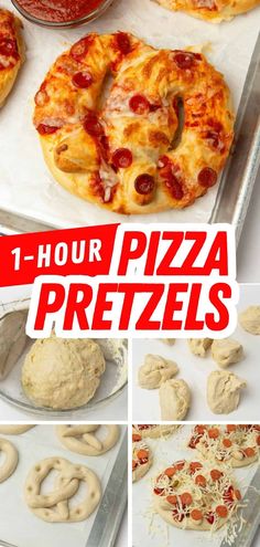 pizzas and pretzels are being made in the kitchen with text overlay that reads 1 hour pizza pretzels