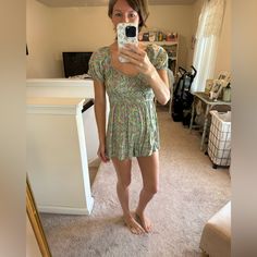 Sage Green With Floral Print Ties In The Back Can Be Worn On Or Off The Shoulder Nwt Green Floral Print Sleepwear, Green Romper, On Or Off, Altard State, Altar'd State, Printed Ties, Walker Boots, Rain And Snow Boots, Fit N Flare Dress