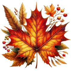 an autumn maple leaf with berries and leaves on the side, painted in watercolor