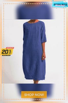 Women's Cotton and Linen Casual Plus Size Dress Solid Color Shift Dress With Half Sleeves, Solid Shift Dress With Half Sleeves, Casual Non-stretch Crew Neck Dress, Spring Crew Neck Solid Color Dresses, Spring Crew Neck Midi Dress, Blue Relaxed Fit Solid Color Dress, Solid Color Crew Neck Summer Dresses, Blue Relaxed Fit Dress, Summer Solid Color Crew Neck Dress