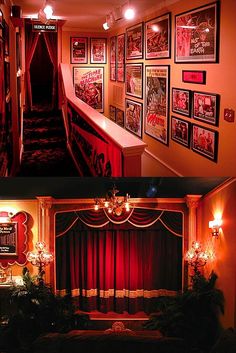 there are two pictures on the wall and one is in front of a red curtain