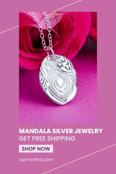 Mandala Lotus Pendant Necklace Silver Jewelry Luxury Antique Silver Jewelry For Gift, Luxury Antique Silver Jewelry As Gift, Luxury Antique Silver Jewelry As A Gift, Mandala Lotus, Mandala Jewelry, Lotus Earrings, Lotus Pendant, Pendant Necklace Silver, Sterling Silver Chain Necklace