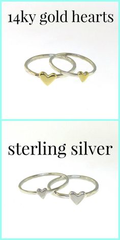 I am really excited about these dainty little rings! They are perfect for stacking with my other ring styles and are really cute worn on their own too! The bands are made out of solid sterling silver, and the hearts are made out of your choice of either solid sterling silver or solid Dainty Heart-shaped Tiny Midi Rings, Dainty Hypoallergenic Heart Ring, Dainty Adjustable Stackable Heart Ring, Simple Heart-shaped Stackable Promise Rings, Dainty Adjustable Heart Stackable Rings, Dainty Stackable Heart Ring Gift, Dainty Heart-shaped Stackable Rings As Gift, Dainty Heart-shaped Stackable Rings For Gifts, Dainty Heart-shaped Midi Promise Rings