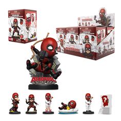 the deadpool figurine has been set up in front of several other action figures