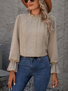 Apricot Elegant Collar Long Sleeve Fabric Plain Top Embellished Non-Stretch  Women Clothing Blus Sifon, Blouse Tops Designs, Frilly Blouse, Ladies Blouse Designs, Feminine Blouses, Pretty Blouses, Guipure Lace, Flounce Sleeve