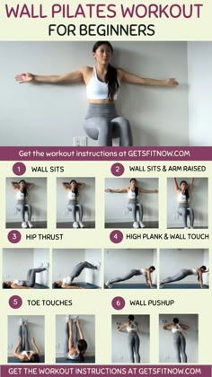 a woman doing yoga poses with the words wall pilatess workout for beginners