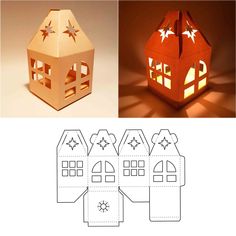 an origami house is shown with the cut out and instructions to make it