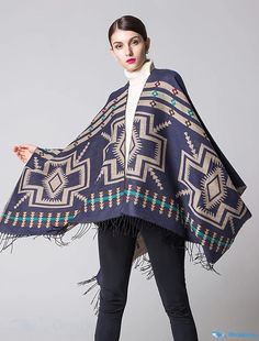 OrcaJump - Womens Sweater Knit Thick Tassel Scarf Ethical Travel Cardigan Shawl Fall Winter Fashion Print Poncho Blue Tasseled Outerwear For Fall, Casual Knitted Winter Shawl, Multicolor Tassel Shawl For Fall, Multicolor Fringe Winter Outerwear, Casual Multicolor Winter Shawl, Casual Winter Poncho With Tassels, Multicolor Fringe Shawl For Winter, Multicolor Fringed Shawl For Winter, Winter Fringe Shawl Outerwear