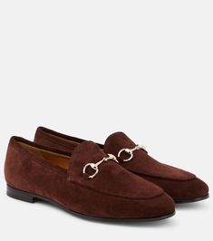 Gucci Jordaan Horsebit suede loafers in brown - Gucci | Mytheresa Gucci Horsebit Loafers, Luxury Skincare Brands, Gucci Jordaan, Canvas Loafers, Gucci Loafers, Gucci Horsebit, Patent Leather Loafers, Loafers Style, Evening Shoes