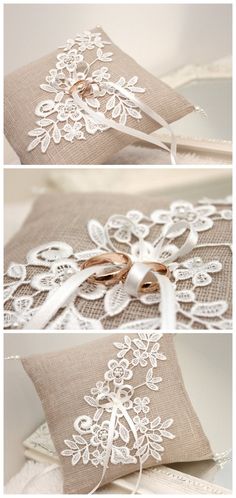 three different pictures of white lace on fabric and linen with bows, ribbons and ribbon