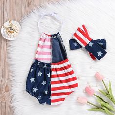 US Flag Romoper - The Childrens Firm Summer Cotton Stretch Onesie, Red Cotton Bodysuit For Spring, Spring Red Cotton Bodysuit, Multicolor Cotton Bodysuit For Playtime, Multicolor Cotton Playtime Bodysuit, Cute Stretch Onesie For Summer, Cute Stretch Summer Onesie, Fitted Sleeveless Summer Onesie, Red Cotton Bodysuit For Summer