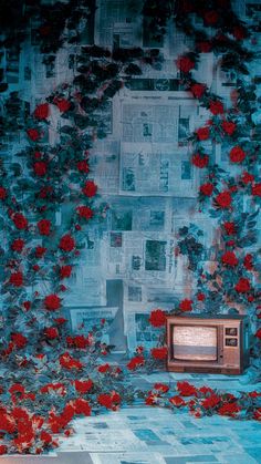 an old tv sitting in front of a wall covered with red flowers and ivys