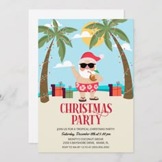 a christmas party card with santa clause on the beach and palm trees in the background