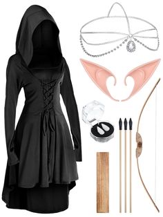 a woman wearing a black dress and hoodie with accessories including an arrow, bow, headpieces