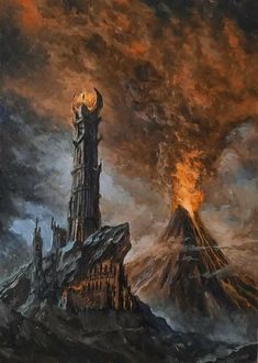 a painting of a tower on top of a mountain with flames coming out of it