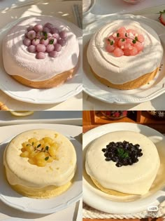 there are four different types of cakes on the plates and one is decorated with fruit