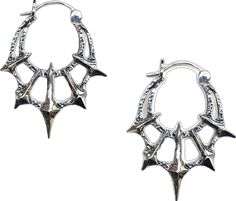 Gothic Horned Metal Jewelry, Horned Gothic Metal Jewelry, Gothic Oxidized Metal Earrings, Silver Gothic Plug Earrings For Festival, Gothic Sterling Silver Hoop Earrings, Gothic Silver Earrings With Oxidized Finish, Edgy Silver Earrings For Festival, Edgy Sterling Silver Pierced Hoop Earrings, Gothic Silver Hoop Earrings