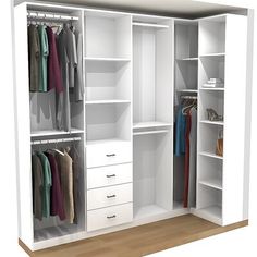 an open white closet with clothes hanging on the shelves and drawers in front of it