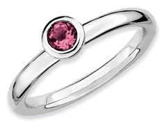 Stackable Expressions Sterling Silver Low 4mm Round Pink Tourmaline Stackable Ring - QSK505T5 Brow Stamp, Pink Tourmaline Ring, Rhodolite Garnet, Tourmaline Ring, Stackable Ring, Stackable Rings, Pink Tourmaline, Bezel Setting, Tourmaline