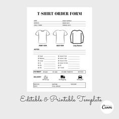 "HOW TO DOWNLOAD YOUR ORDER FORM TEMPLATE: 1. Purchase the item and you will immediately be taken to the downloads page 2. Etsy confirms your payment (usually within a couple of minutes) 3. Signed-in users will also find it in your account:   (\"Download Files\" button to the right of your purchase). Guests will receive an email with the download link. Key Features: - 1 pages T-Shirt Order Form Canva Doc File Note: It's a Digital Download file so Remember For printing, colors may vary slightly b Purchase Form, Order Form Template, Form Template, Simple Tshirt, Order Form, Download File, Template Printable, Stationery Design, Stationery Paper