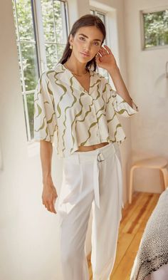 Pia Oversized Shirt Blouse | Greylin Collection – Greylin Collection | Women's Luxury Fashion Clothing Olive Print, Sleeve Silhouette, Tops And Blouses, Oversized Blouse, Luxury Women Fashion, Low Iron, Oversized Shirt, Modern Woman, Fashion Games